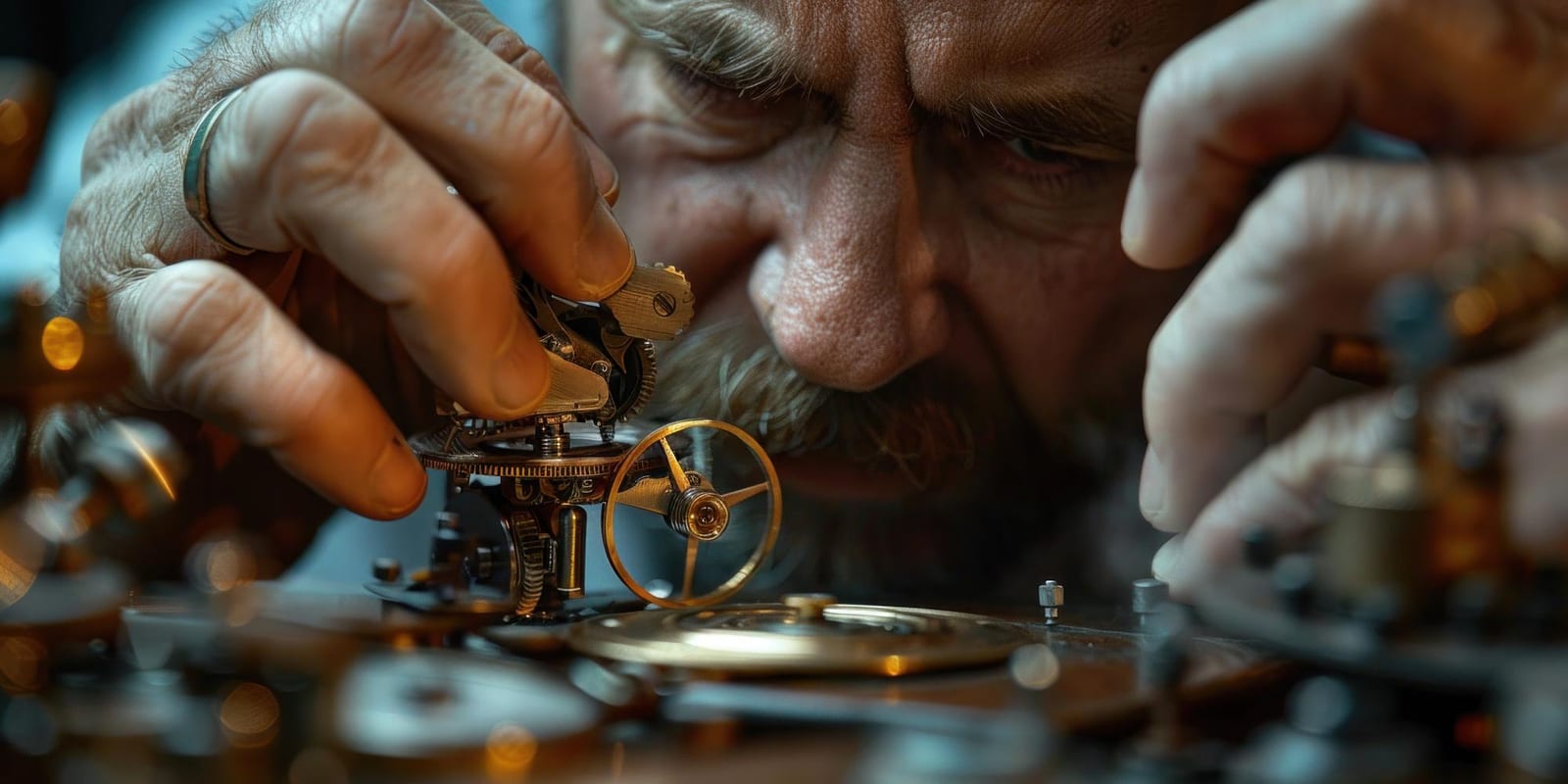 Tecnico orologiero durante una valutazione tecnica iniziale con strumenti di misura